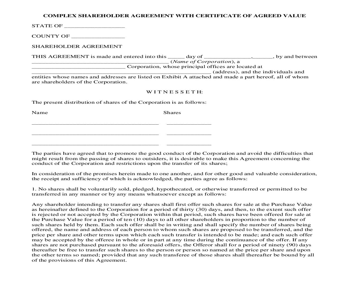 Complex Shareholder Agreement With Certificate Of Agreed Value | Pdf Fpdf Docx | Legal Forms