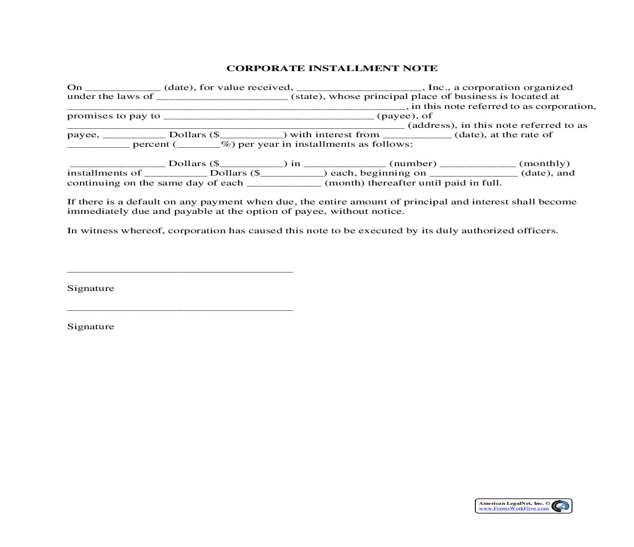 Corporate Installment Note | Pdf Fpdf Docx | Legal Forms