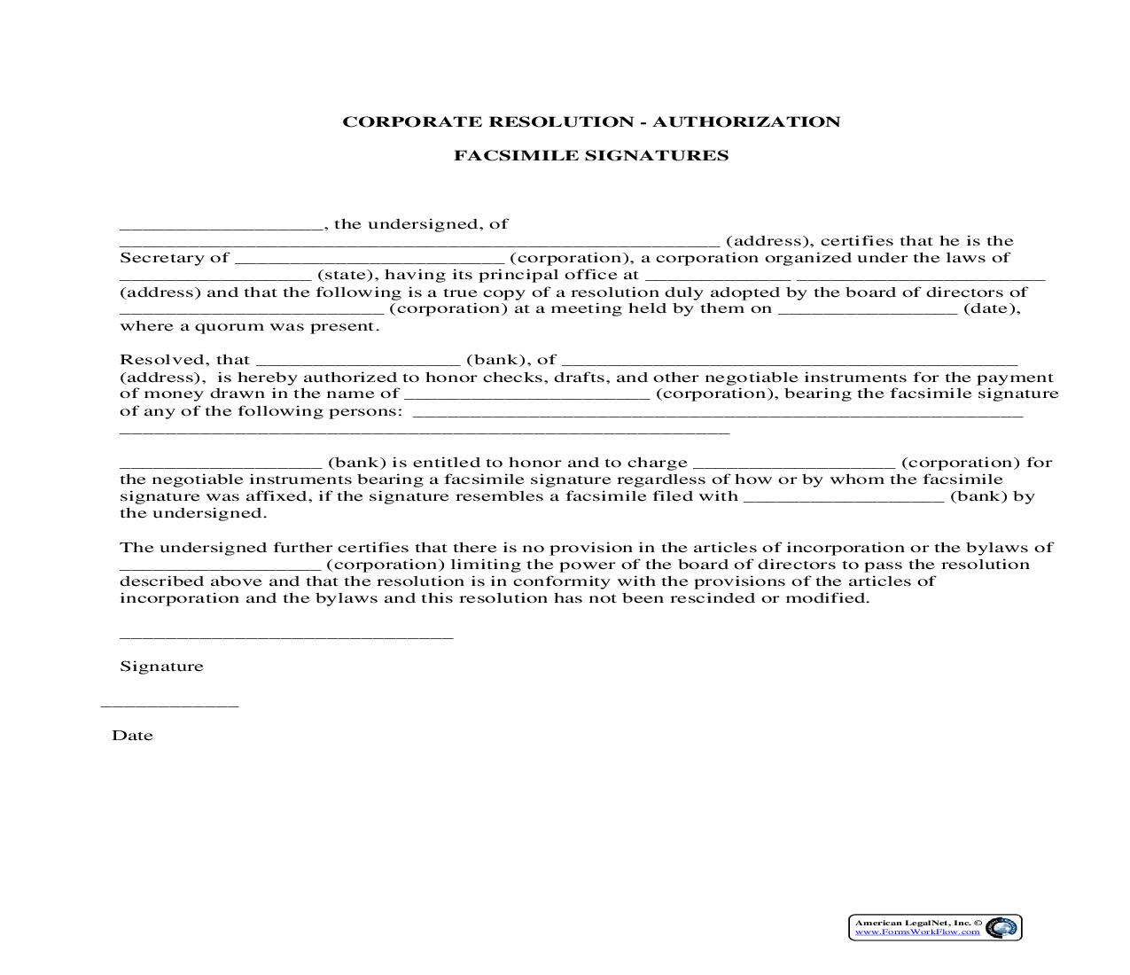 Corporate Resolution Authorization Facsimile Signatures | Pdf Fpdf Docx | Legal Forms