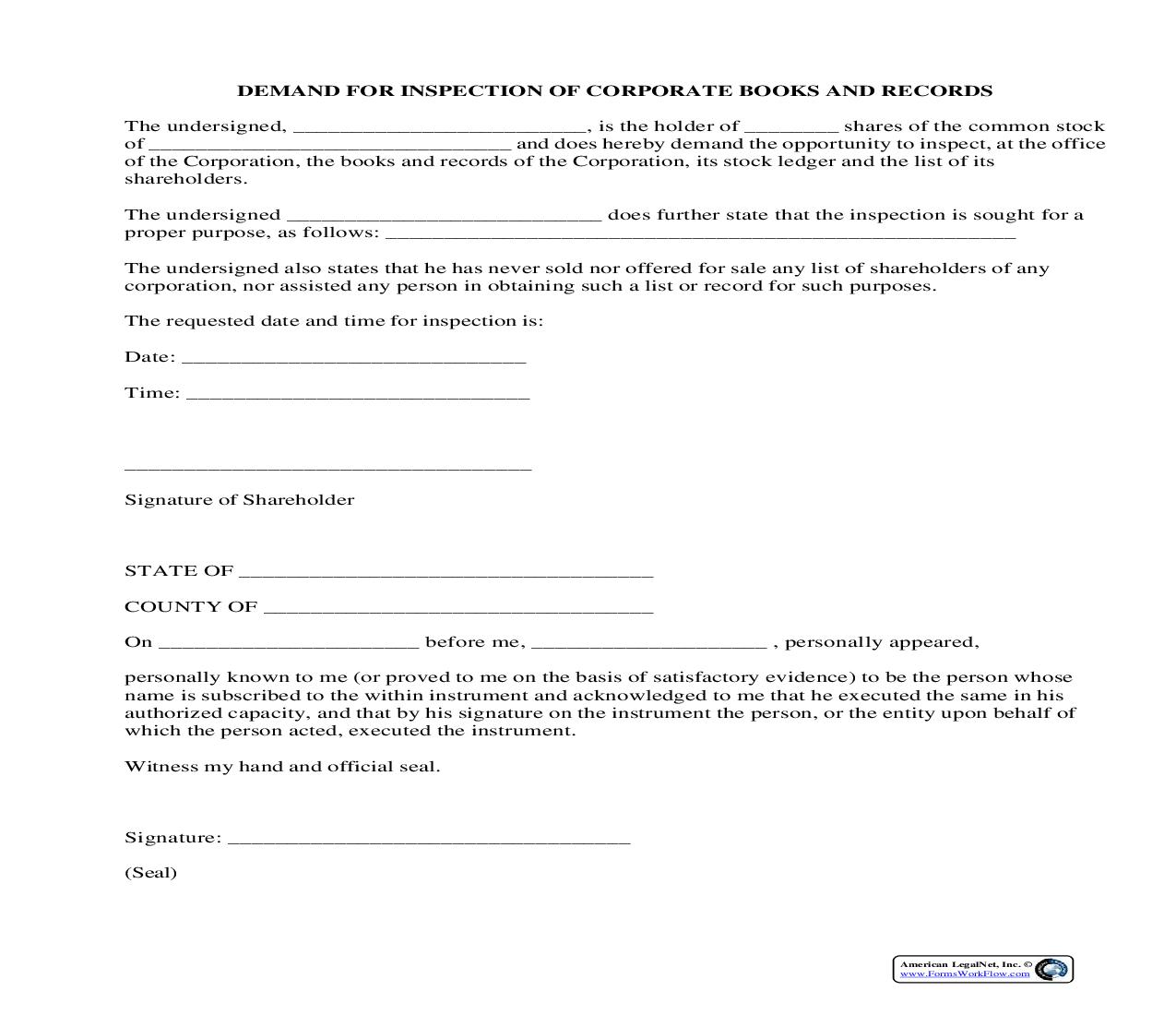 Demand For Inspection Of Corporate Books And Records | Pdf Fpdf Docx | Legal Forms