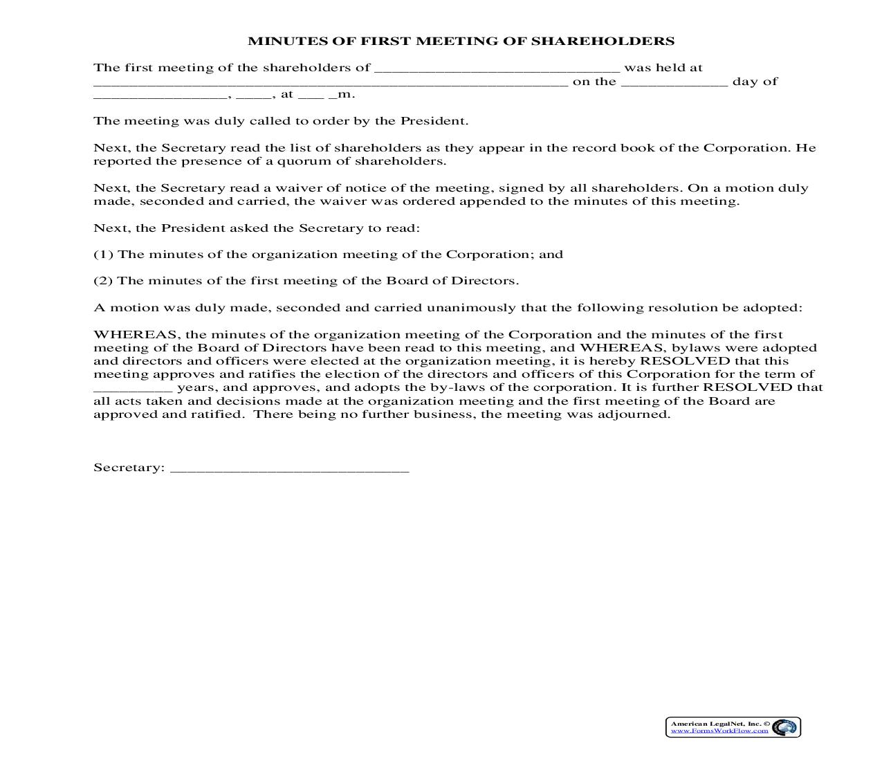 Minutes Of First Meeting Of Shareholders | Pdf Fpdf Docx | Legal Forms