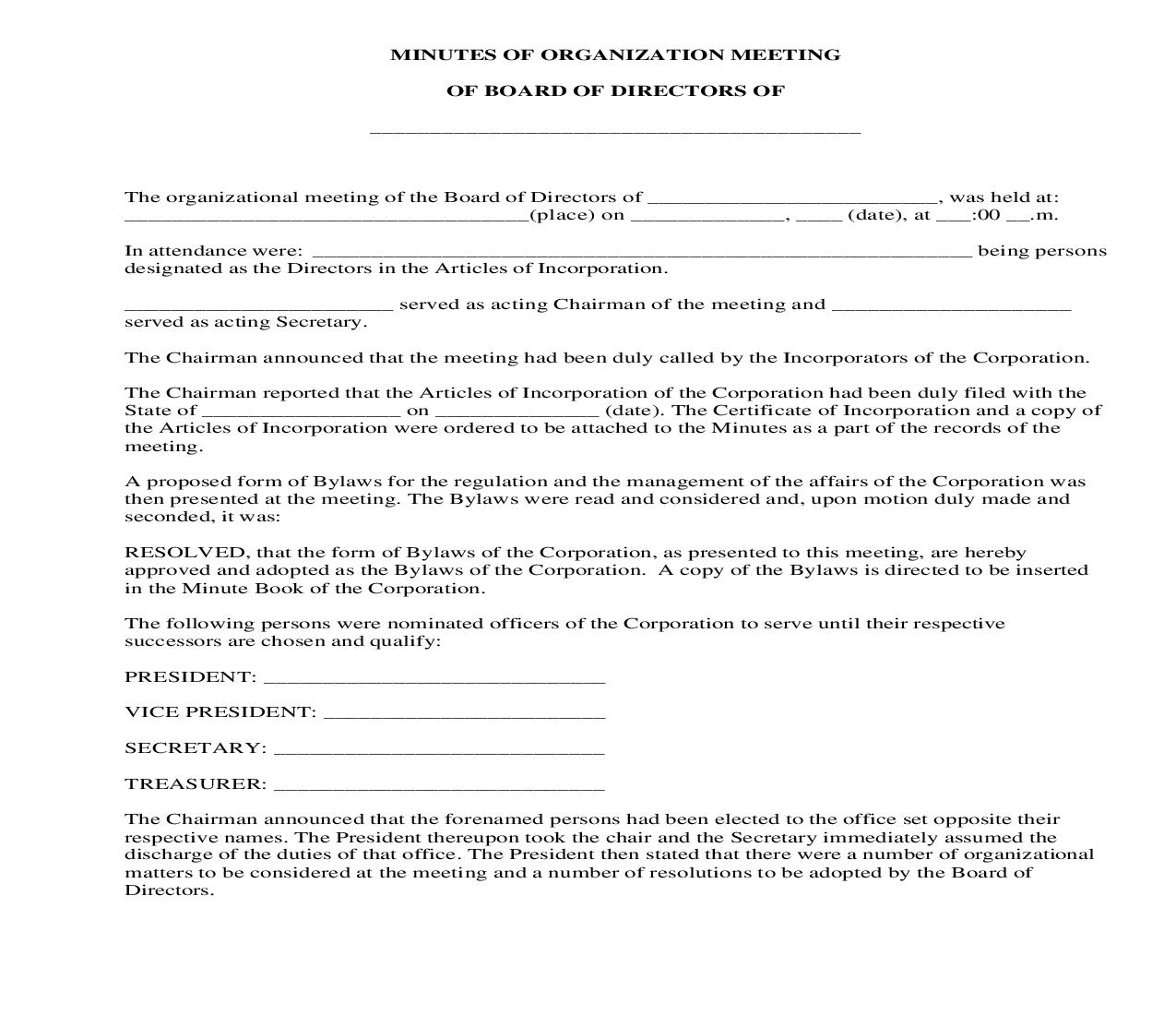 Minutes Of Organization Meeting Of Board Of Directors Of | Pdf Fpdf Docx | Legal Forms