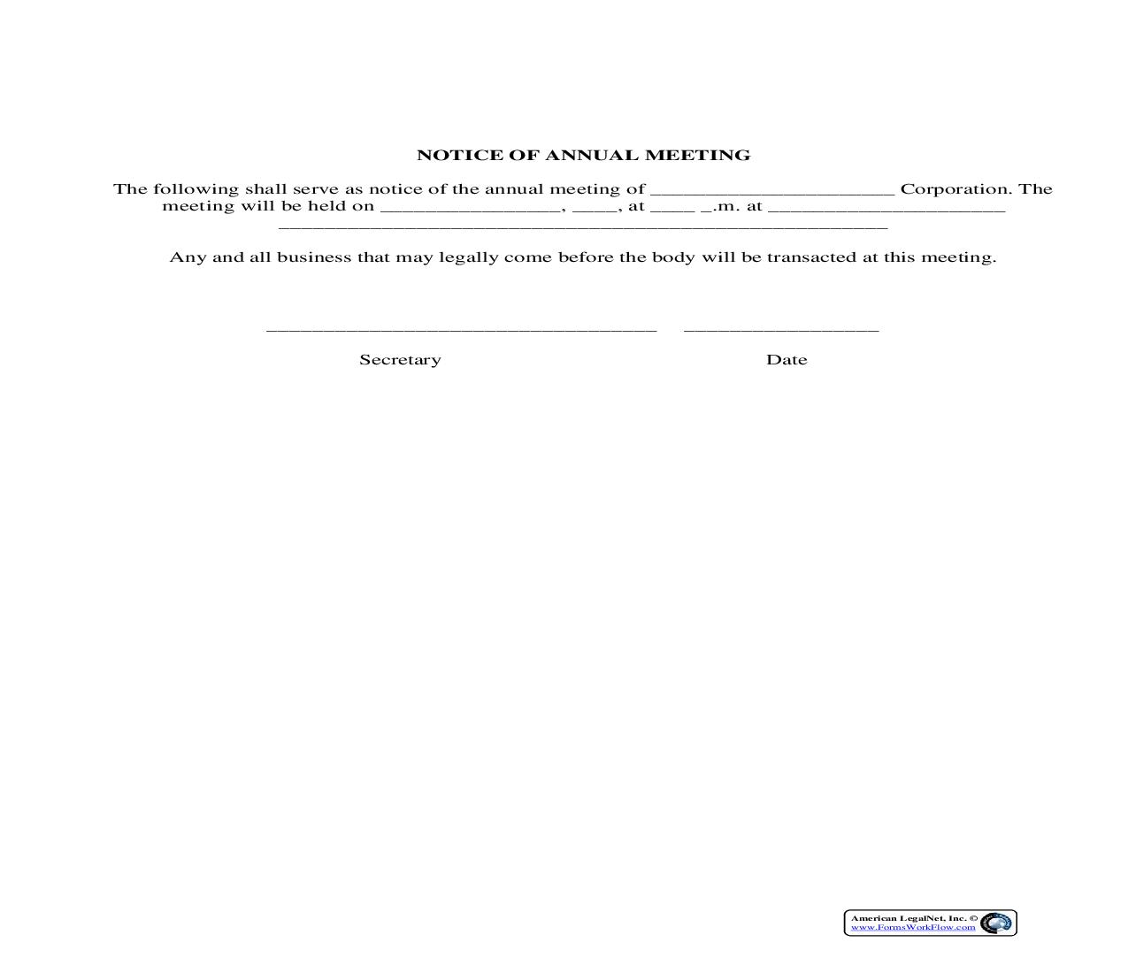 Notice Of Annual Meeting | Pdf Fpdf Docx | Legal Forms