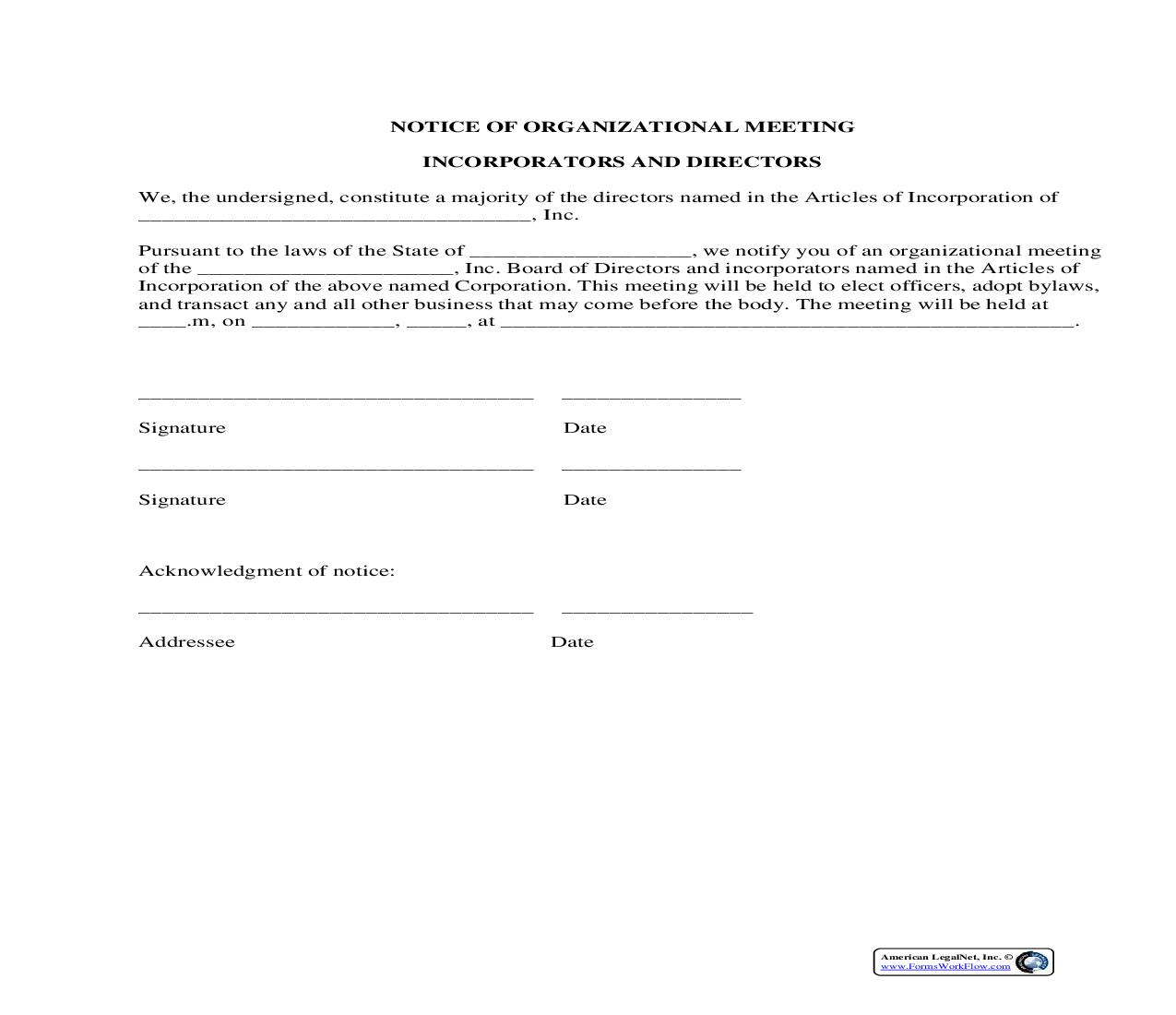 Notice Of Organizational Meeting Incorporators And Directors | Pdf Fpdf Docx | Legal Forms