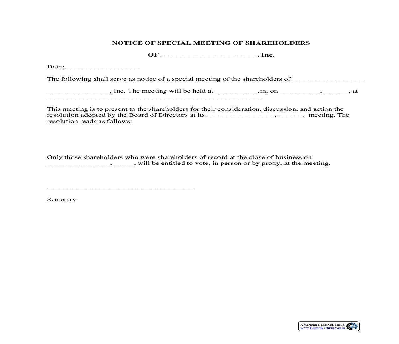 Notice Of Special Meeting Of Shareholders | Pdf Fpdf Docx | Legal Forms