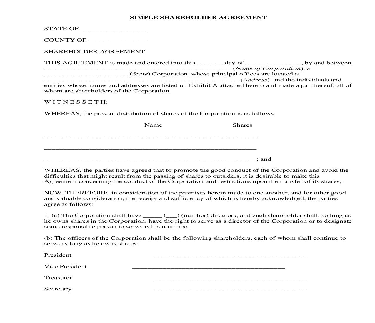 Simple Shareholder Agreement | Pdf Fpdf Docx | Legal Forms