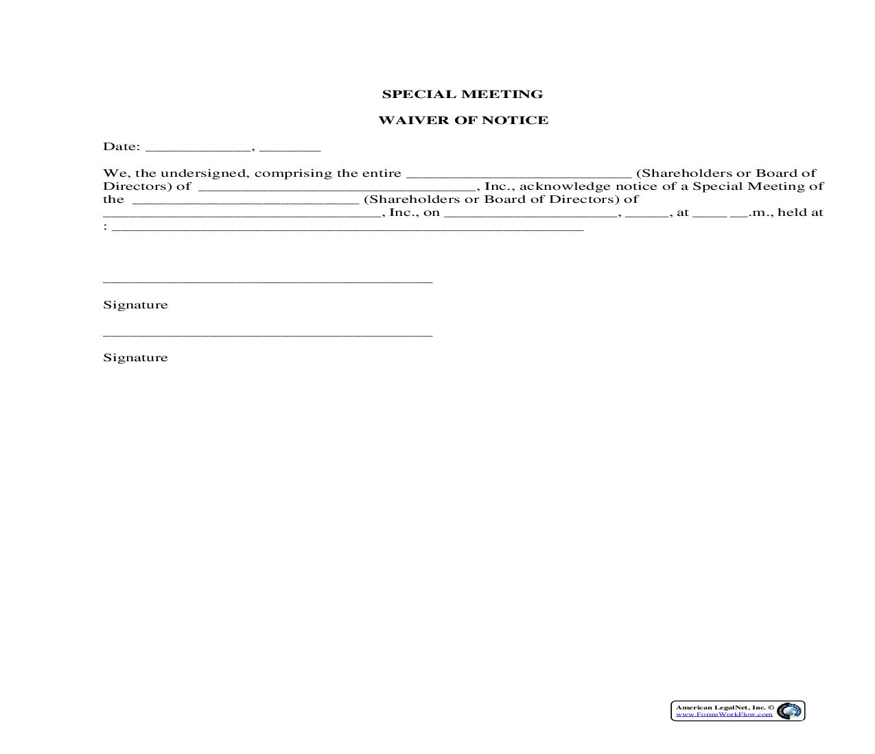 Special Meeting Waiver Of Notice | Pdf Fpdf Docx | Legal Forms