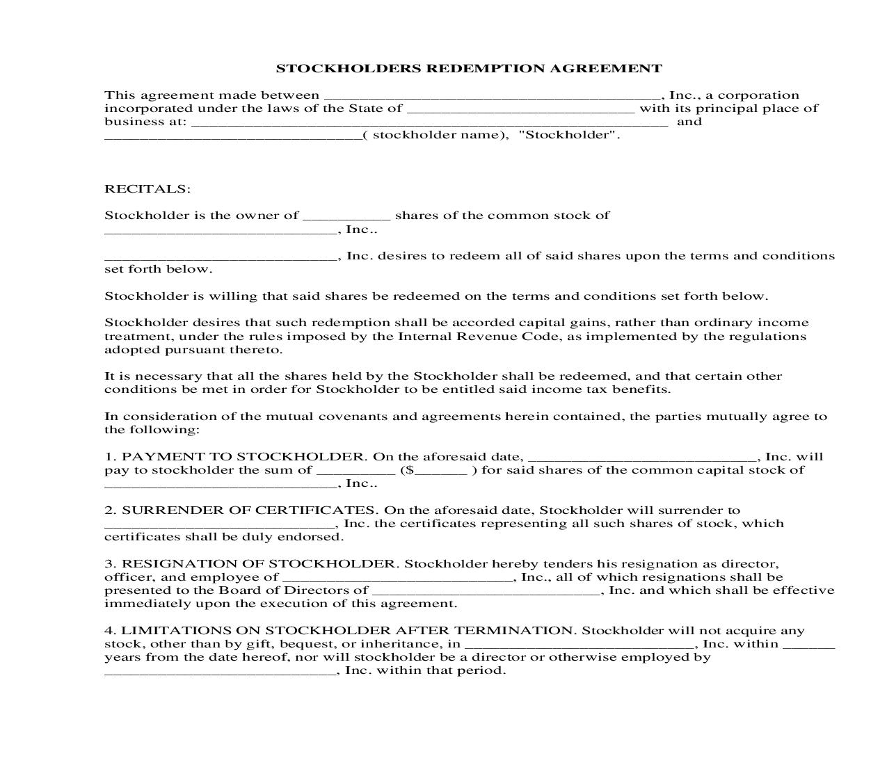 Stockholders Redemption Agreement | Pdf Fpdf Docx | Legal Forms