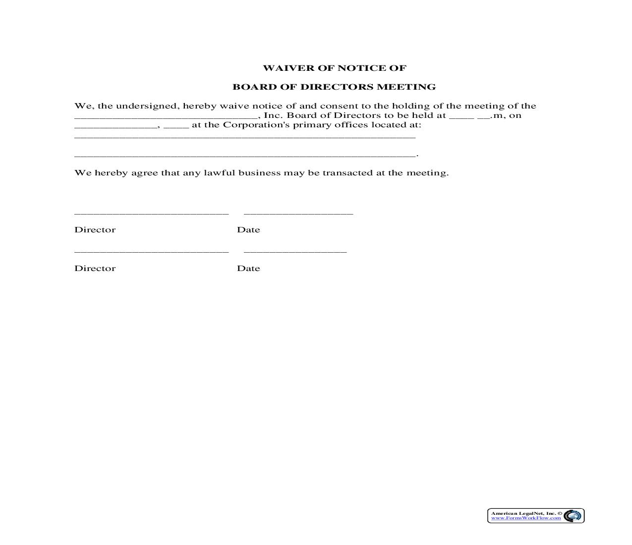 Waiver Of Notice Of Board Of Directors Meeting | Pdf Fpdf Docx | Legal Forms
