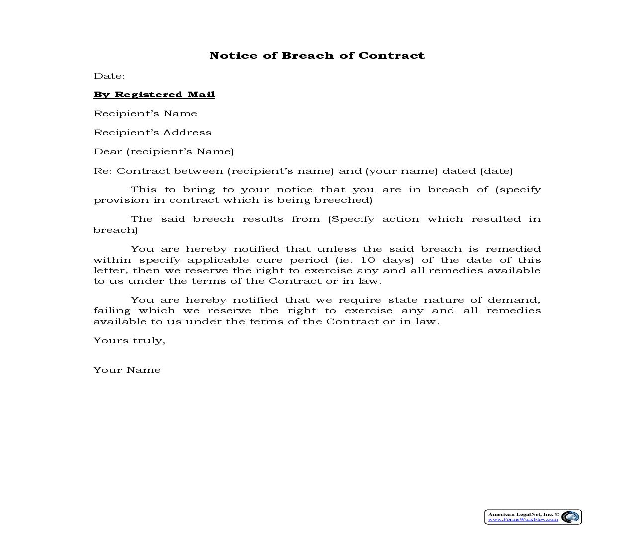 Breach Of Contract Notice {BUS-101} | Pdf Fpdf Docx | Legal Forms