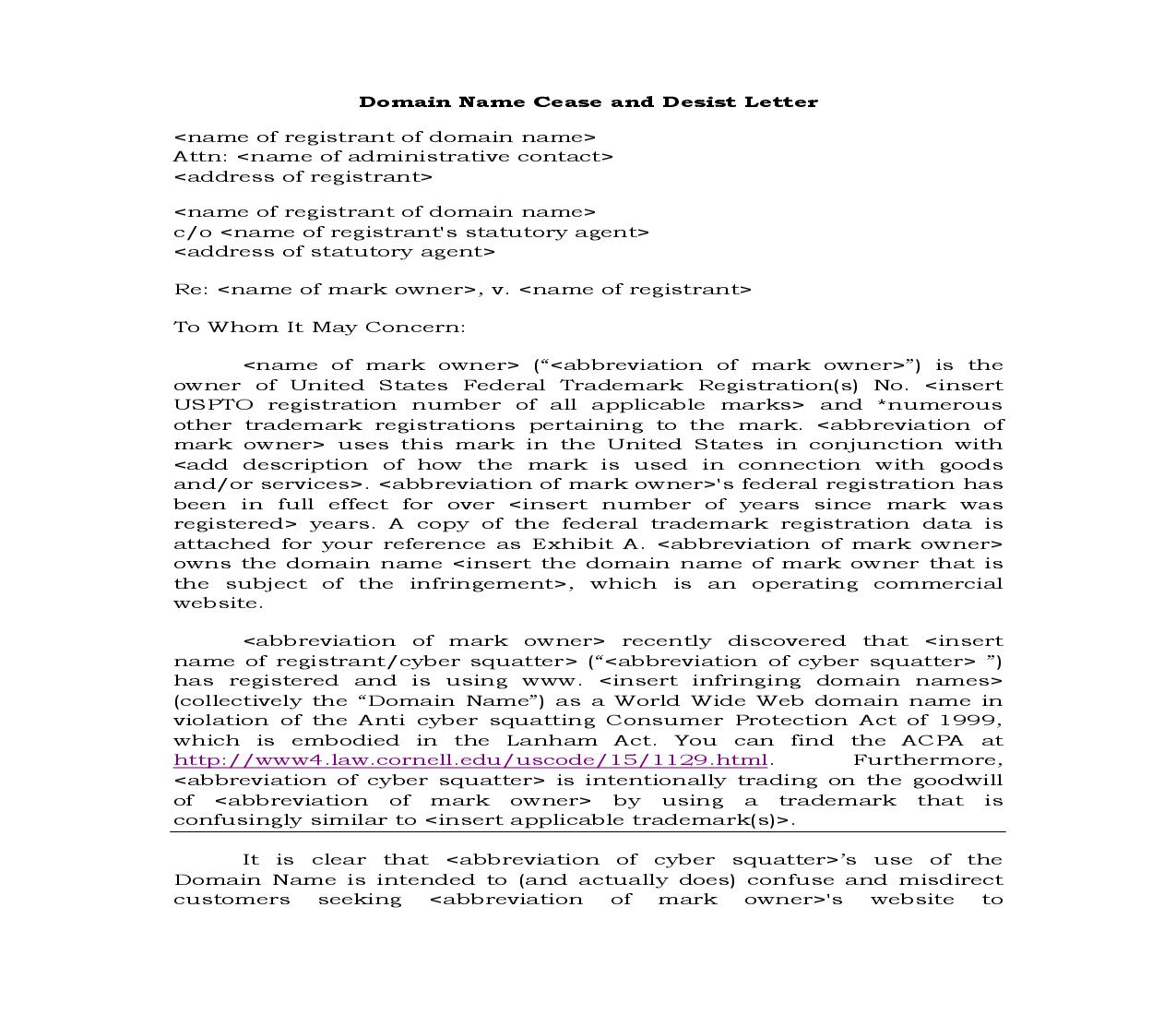 Domain Name Cease And Desist Letter {BUS-103} | Pdf Fpdf Docx | Legal Forms