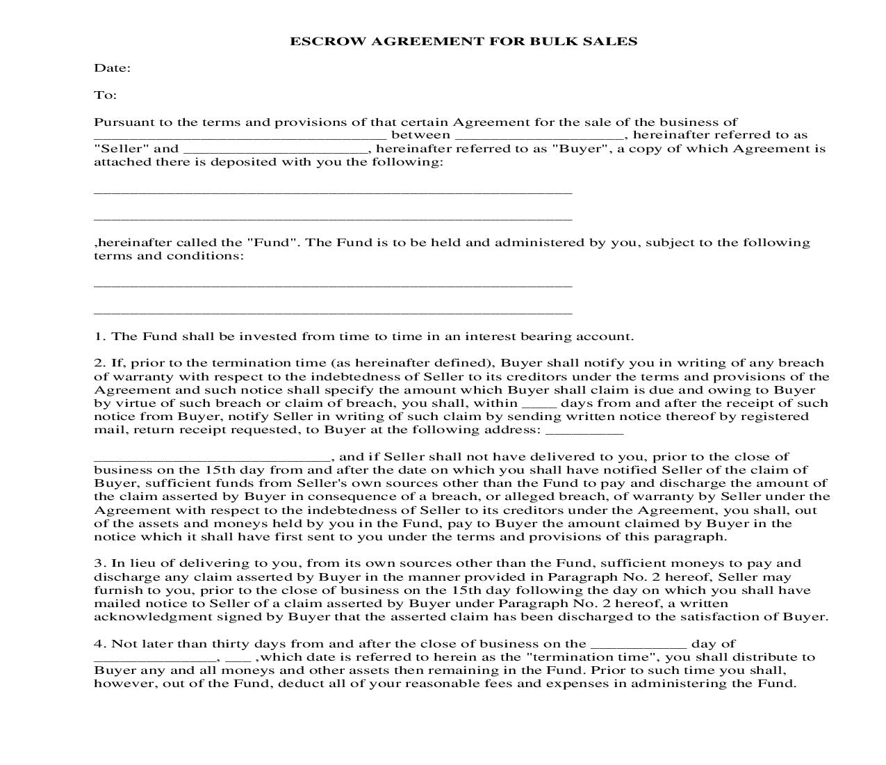 Escrow Agreement For Bulk Sales {BUS-104} | Pdf Fpdf Docx | Legal Forms
