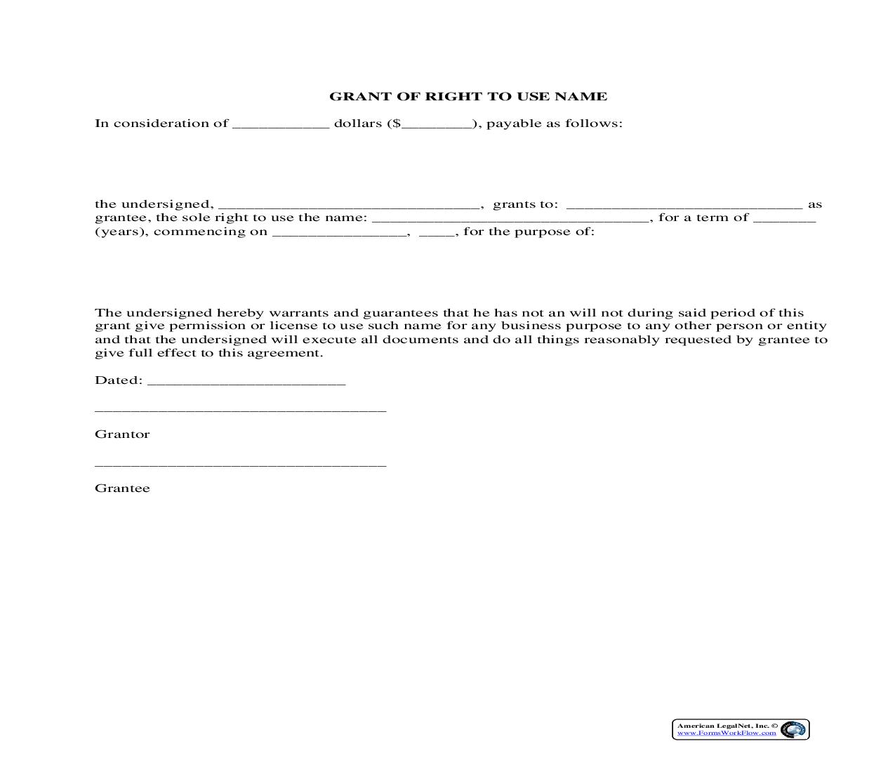 Grant Of Right To Use Name {BUS-106} | Pdf Fpdf Docx | Legal Forms