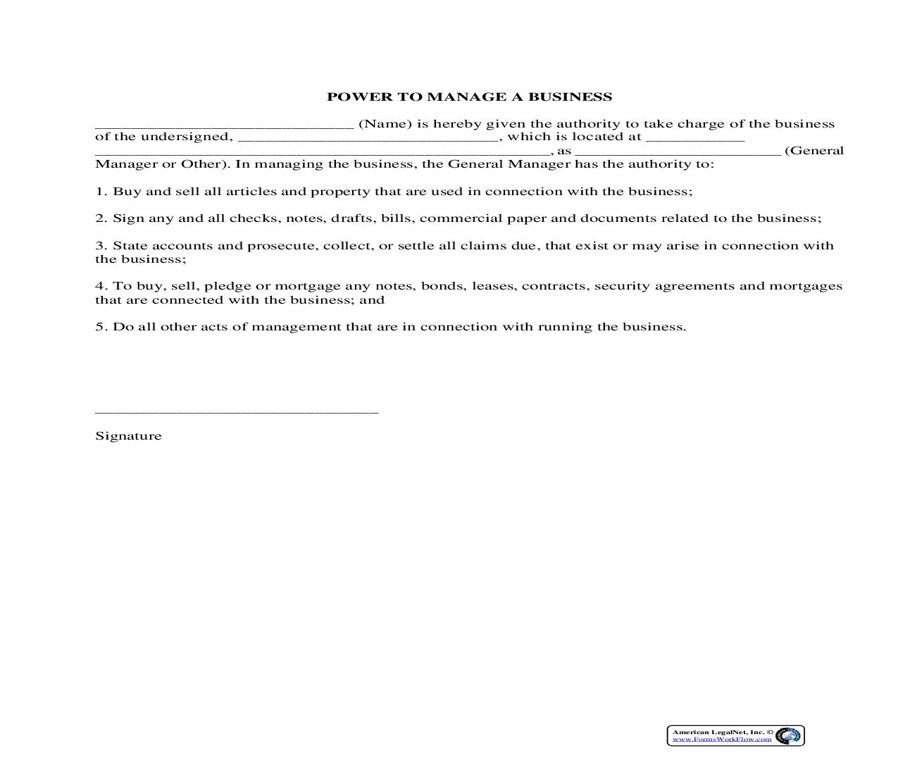 Power To Manage A Business {BUS-107} | Pdf Fpdf Docx | Legal Forms