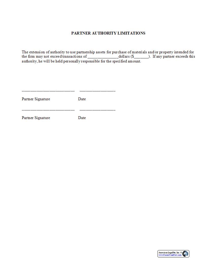 Partner Authority Limitations {PAR-315} | Pdf Fpdf Docx | Legal Forms