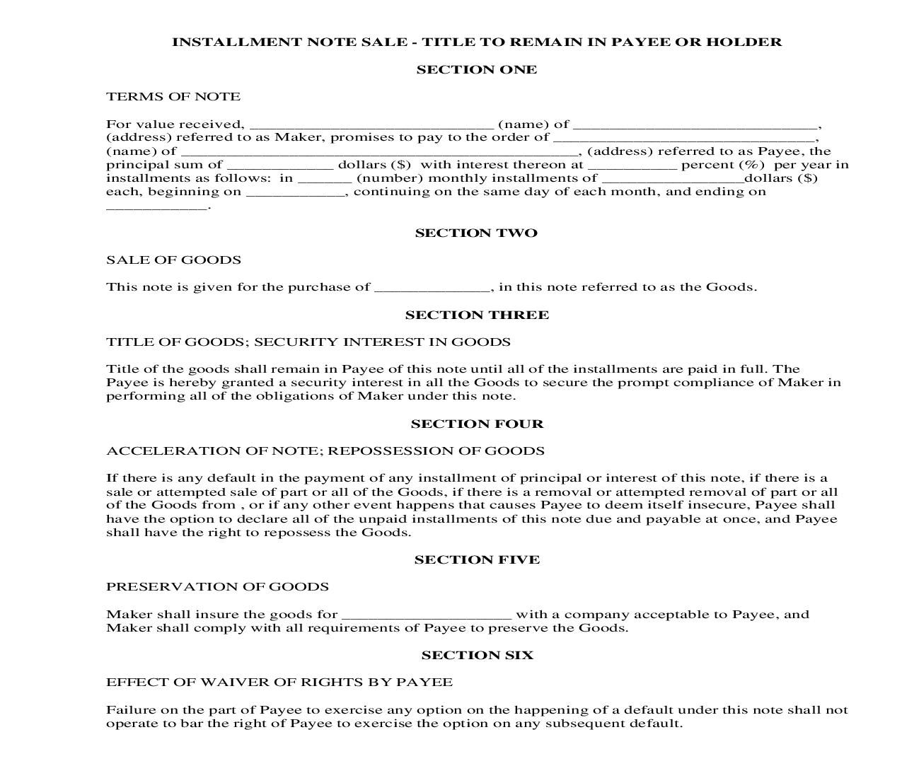 Installment Note Sale-Title To Remain In Payee Or Holder {BUY-104} | Pdf Fpdf Docx | Legal Forms
