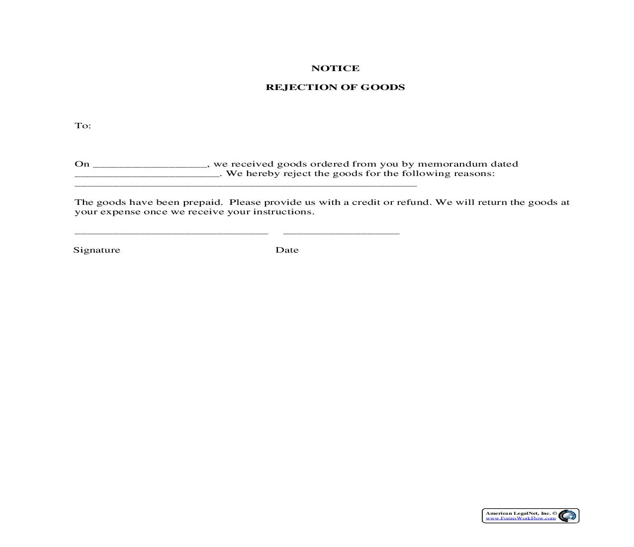 Notice Rejection Of Goods {BUY-106} | Pdf Fpdf Docx | Legal Forms