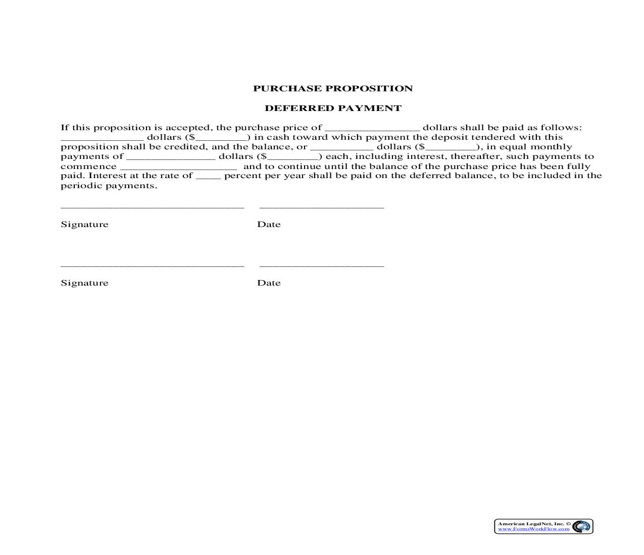 Purchase Proposition Deferred Payment {BUY-107} | Pdf Fpdf Docx | Legal Forms