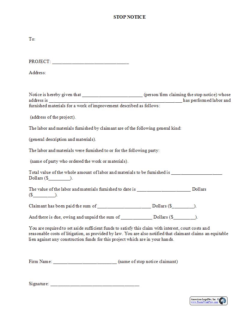 Stop Notice {CON-107} | Pdf Fpdf Docx | Legal Forms