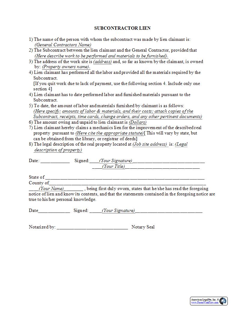 Subcontractor Lien {CON-109} | Pdf Fpdf Docx | Legal Forms