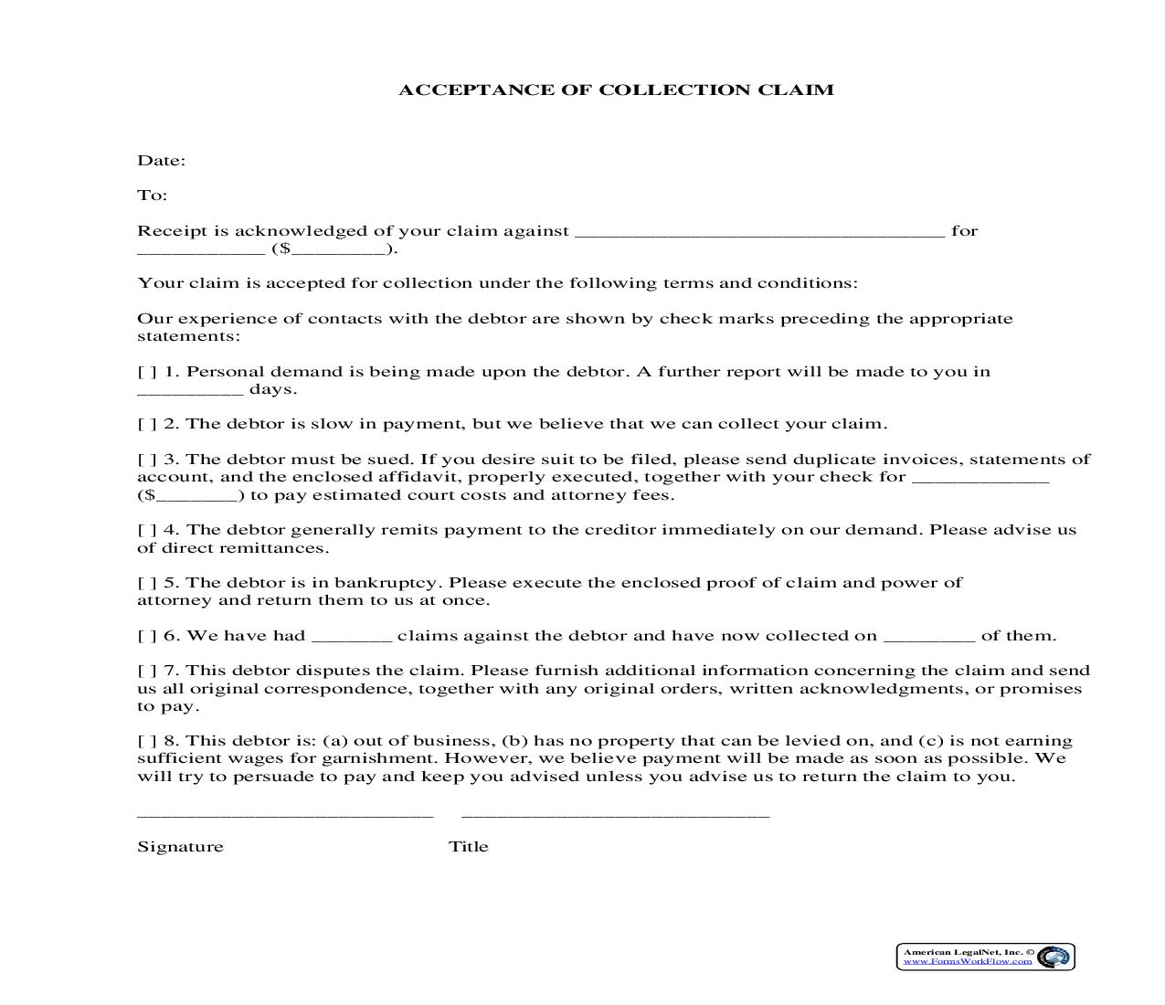 Acceptance Of Collection Claim | Pdf Fpdf Docx | Legal Forms