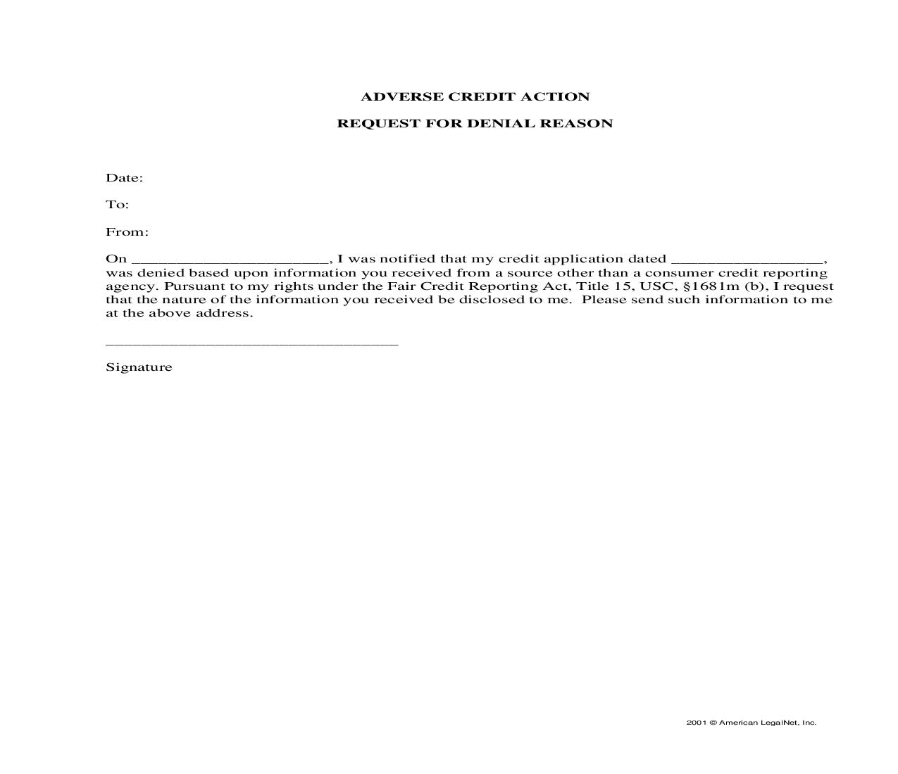 Adverse Credit Action Request For Denial Reason | Pdf Fpdf Docx | Legal Forms