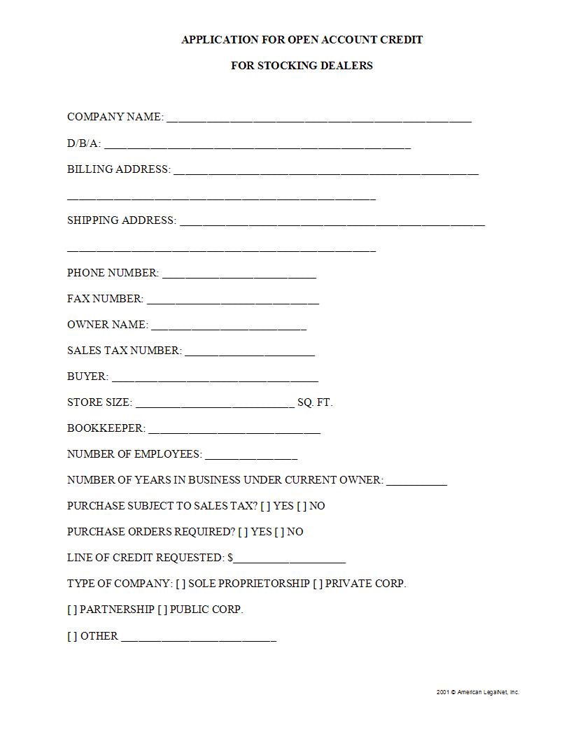 Application For Open Account Credit For Stocking Dealers | Pdf Fpdf Docx | Legal Forms