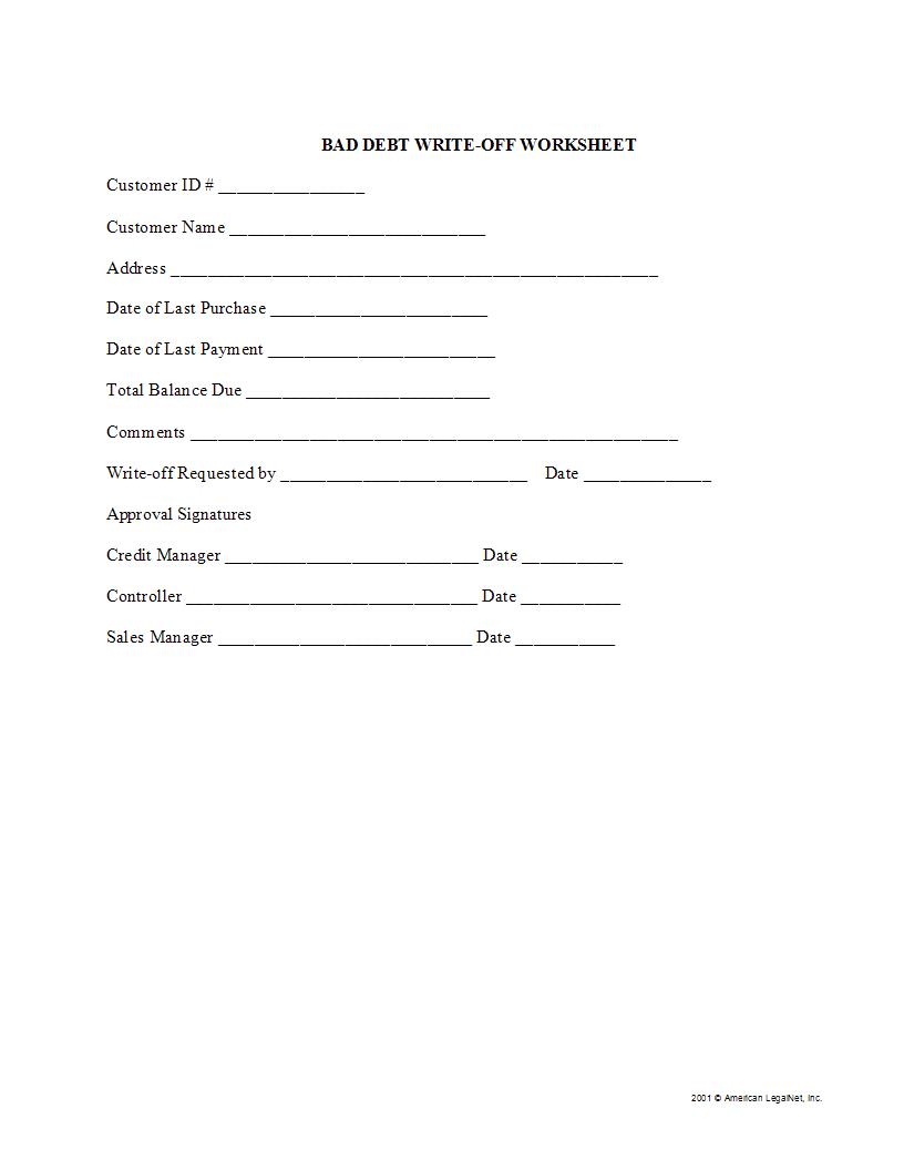Bad Debt Write-off Worksheet | Pdf Fpdf Docx | Legal Forms