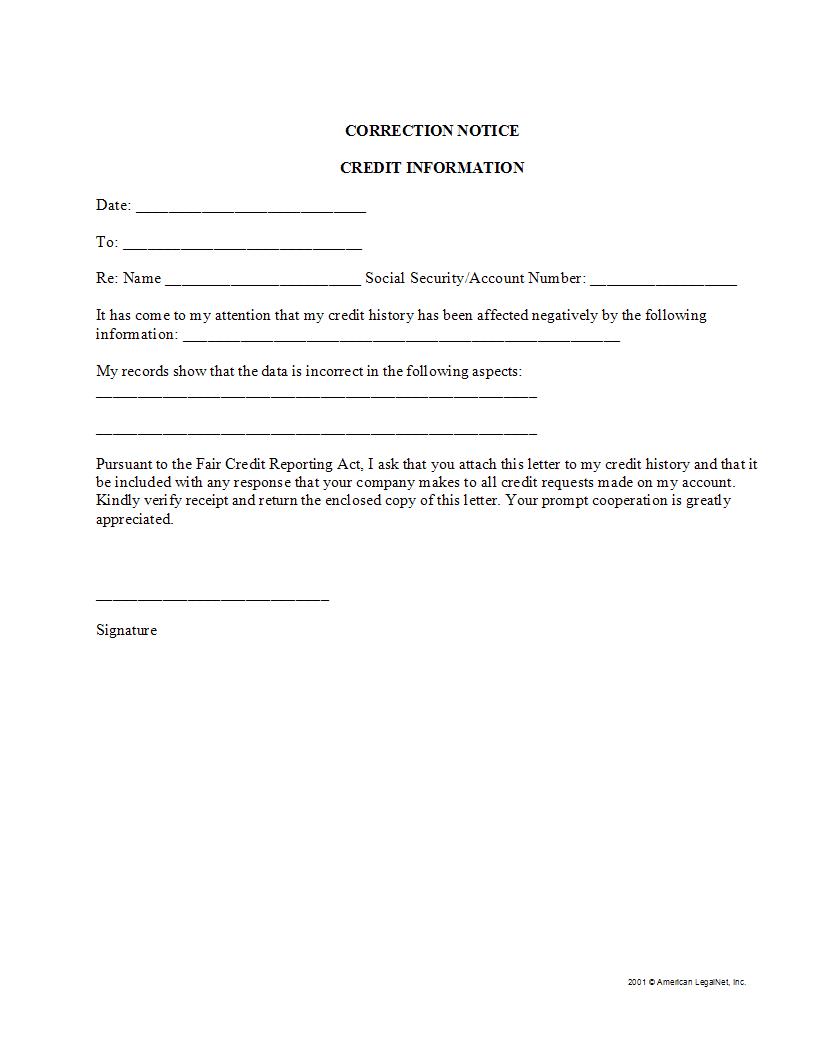 Correction Notice Credit Information | Pdf Fpdf Docx | Legal Forms