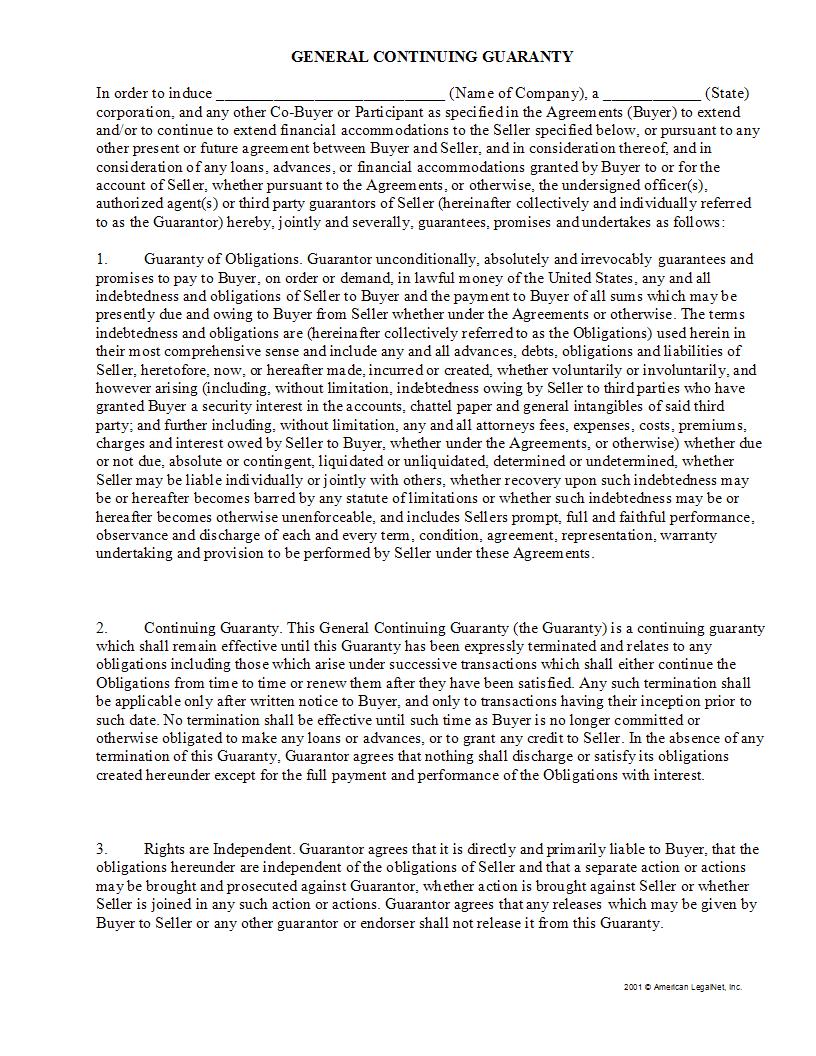 General Continuing Guaranty | Pdf Fpdf Docx | Legal Forms