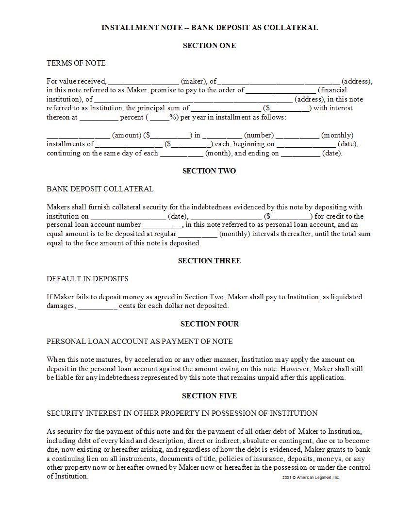 Installment Note-bank Deposit As Collateral | Pdf Fpdf Docx | Legal Forms