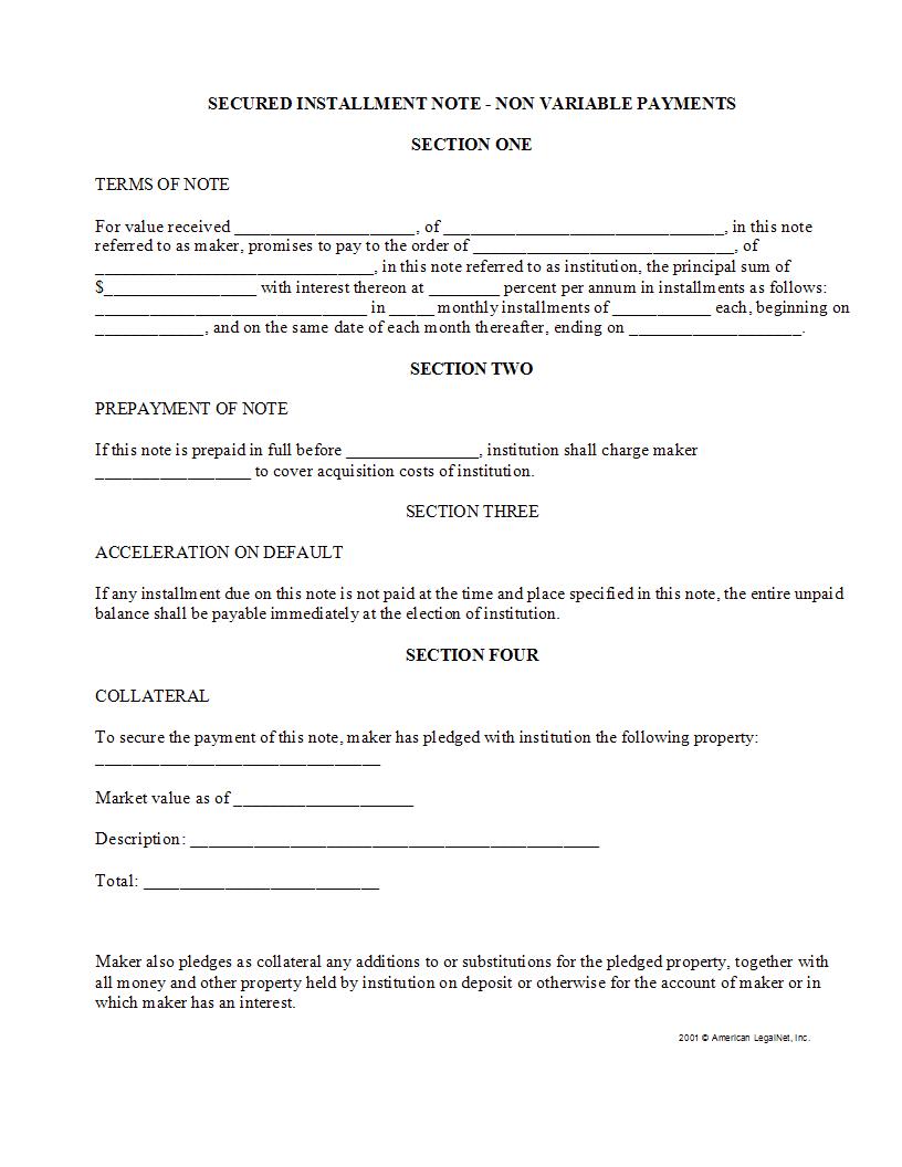 Secured Installment Note-non Variable Payments | Pdf Fpdf Docx | Legal Forms