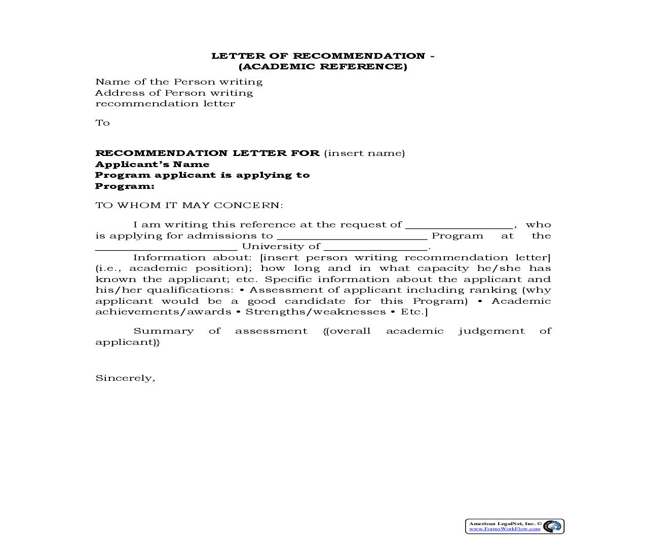 Acadamic Letter Of Recommendation {HR-701} | Pdf Fpdf Docx | Legal Forms