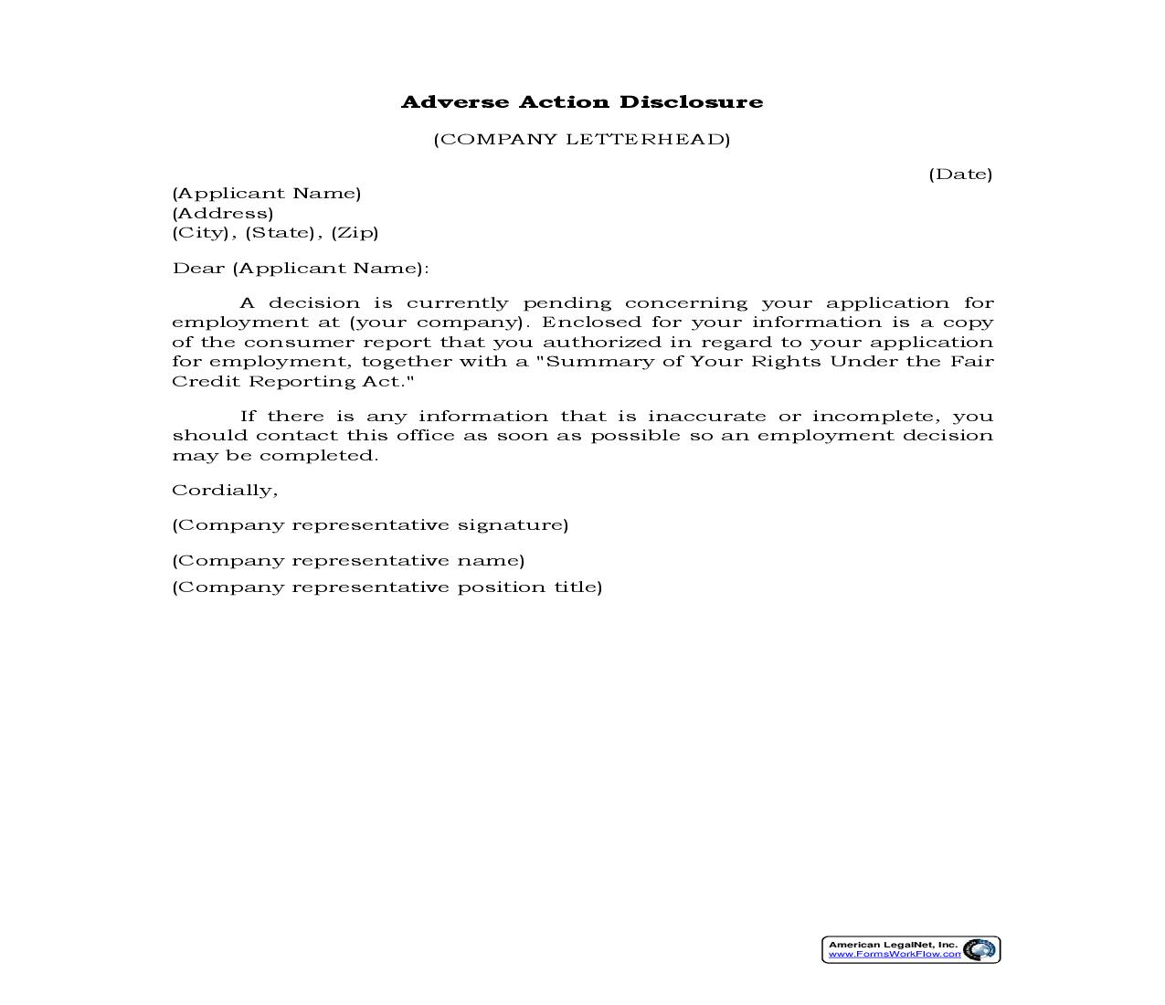 Adverse Action Disclosure Letter {HR-702} | Pdf Fpdf Docx | Legal Forms
