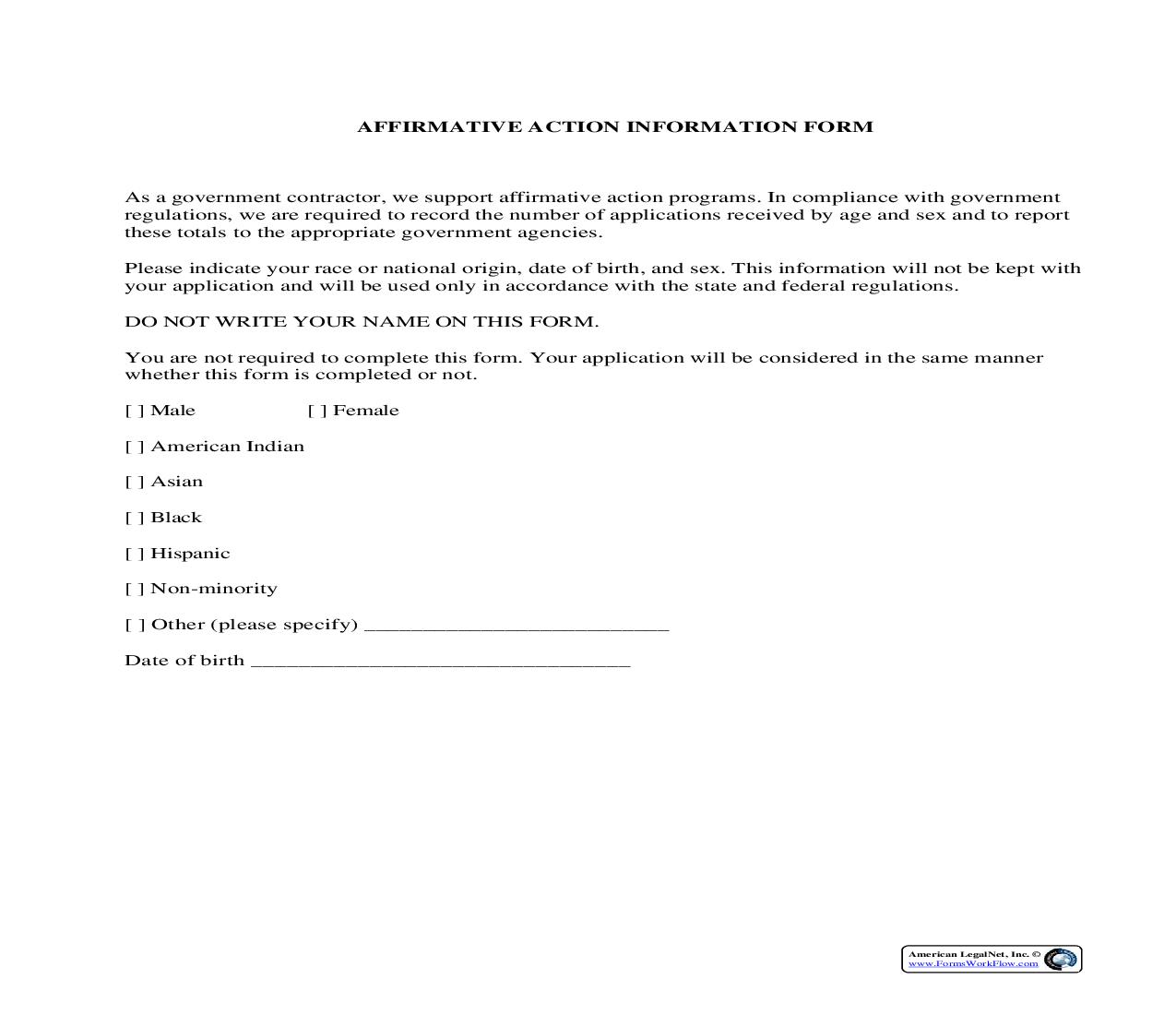 Affirmative Action Information Form {HR-723} | Pdf Fpdf Docx | Legal Forms