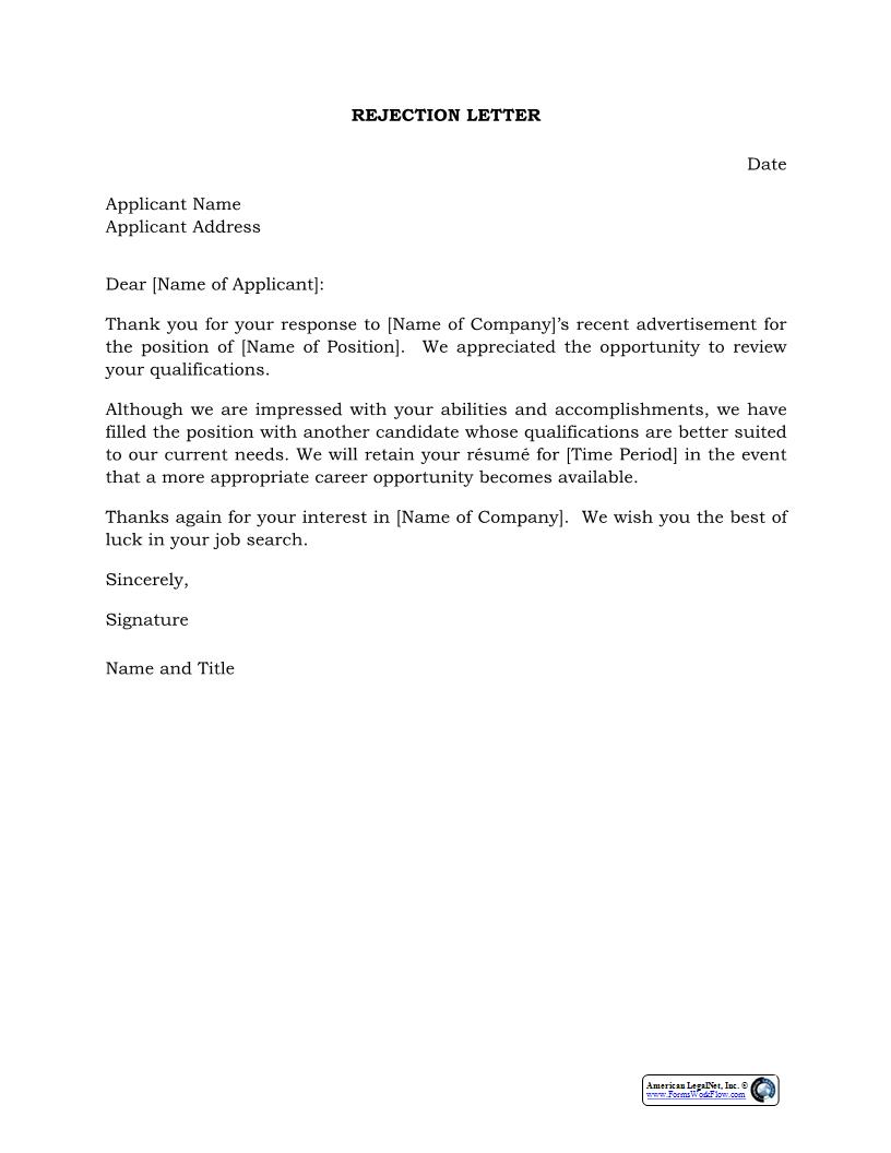 Applicant Rejection Letter {HR-704} | Pdf Fpdf Docx | Legal Forms