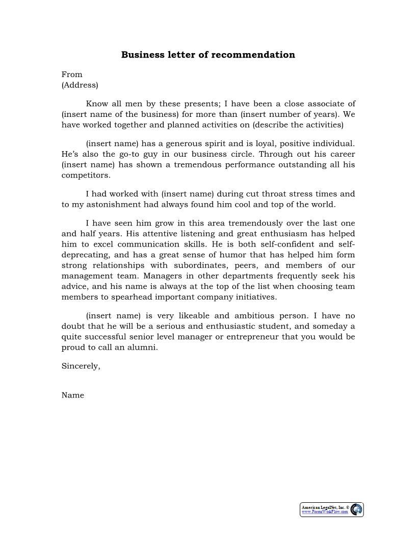 Business Letter Of Recommendation {HR-707} | Pdf Fpdf Docx | Legal Forms