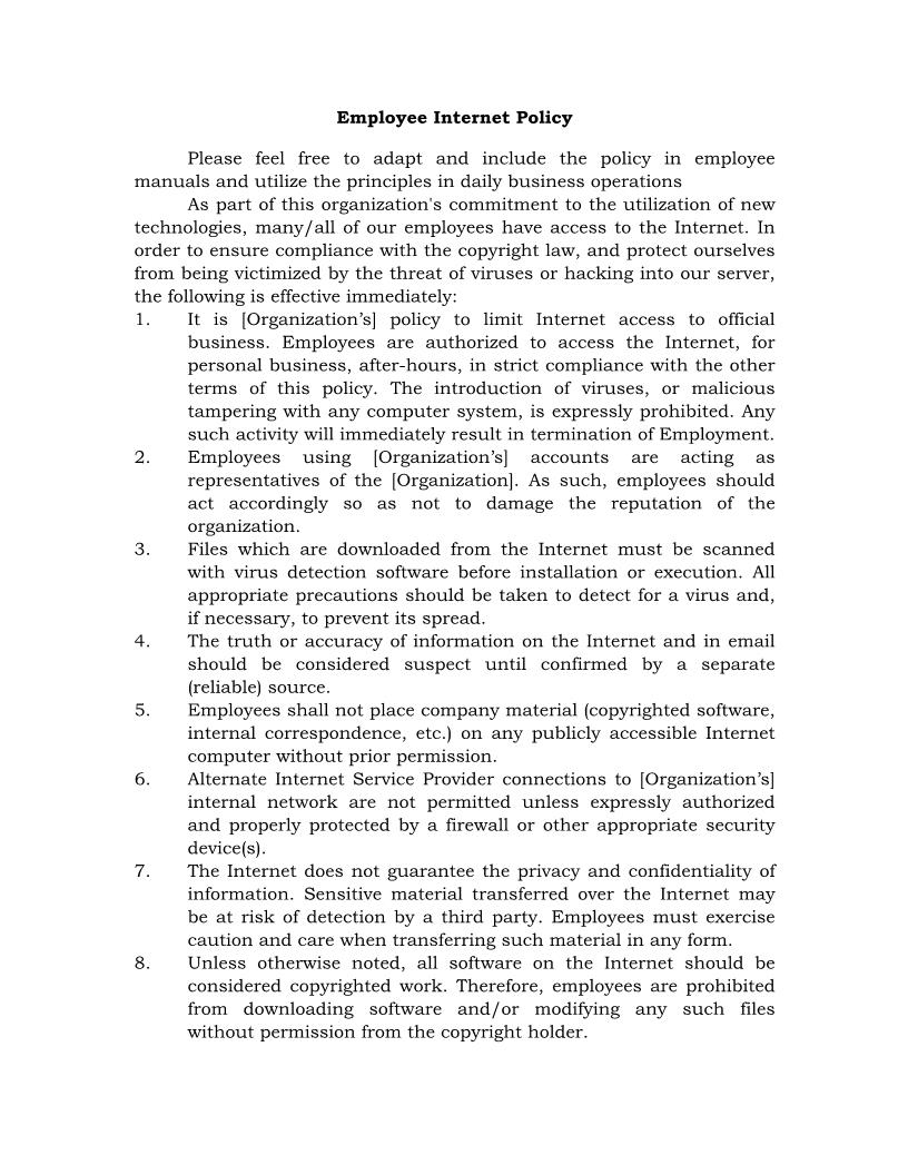 Employee Internet Policy {HR-705} | Pdf Fpdf Docx | Legal Forms
