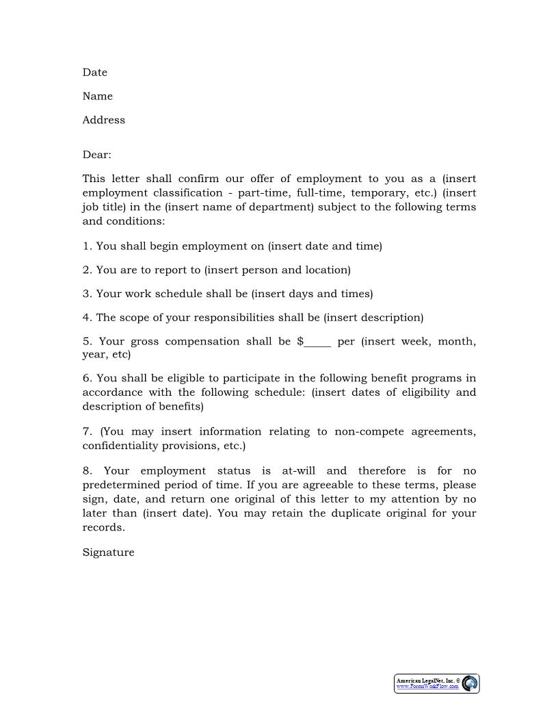 Employment Offer Letter {HR-713} | Pdf Fpdf Docx | Legal Forms