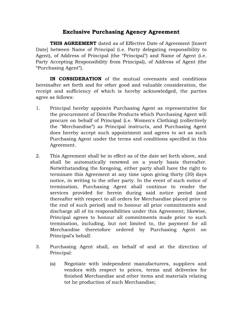 Exclusive Purchasing Agency Agreement {HR-715} | Pdf Fpdf Docx | Legal Forms
