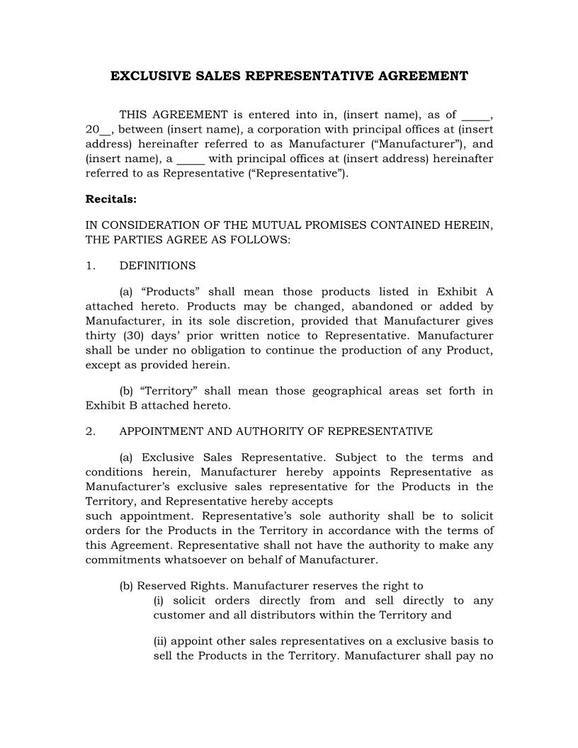 Exclusive Sales Representative Agreement (General) {HR-716} | Pdf Fpdf Docx | Legal Forms