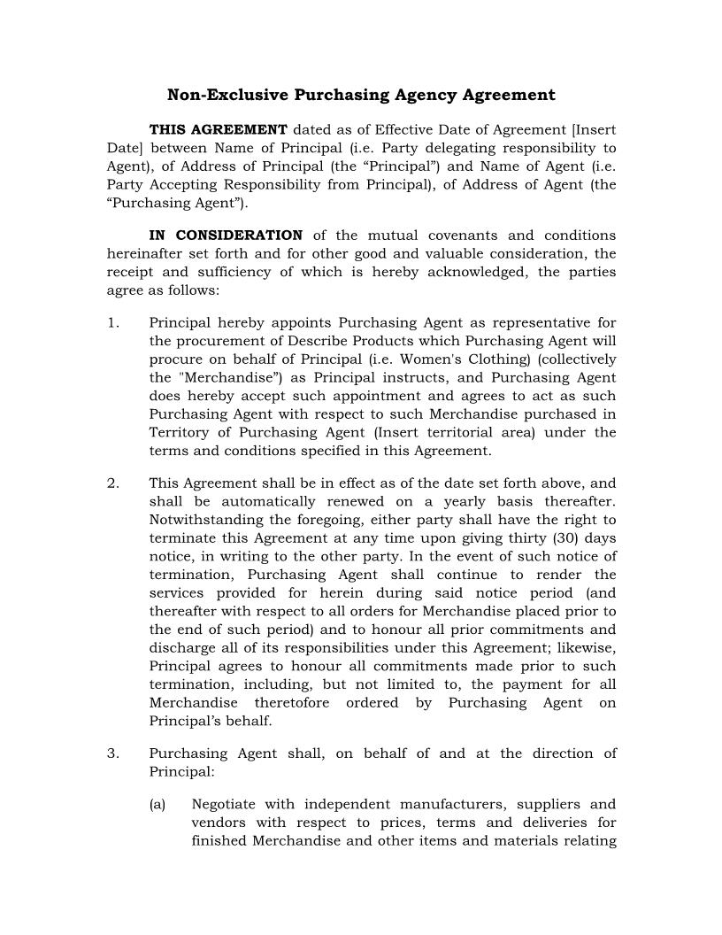 Non-Exclusive Purchasing Agency Agreement {HR-718} | Pdf Fpdf Docx | Legal Forms