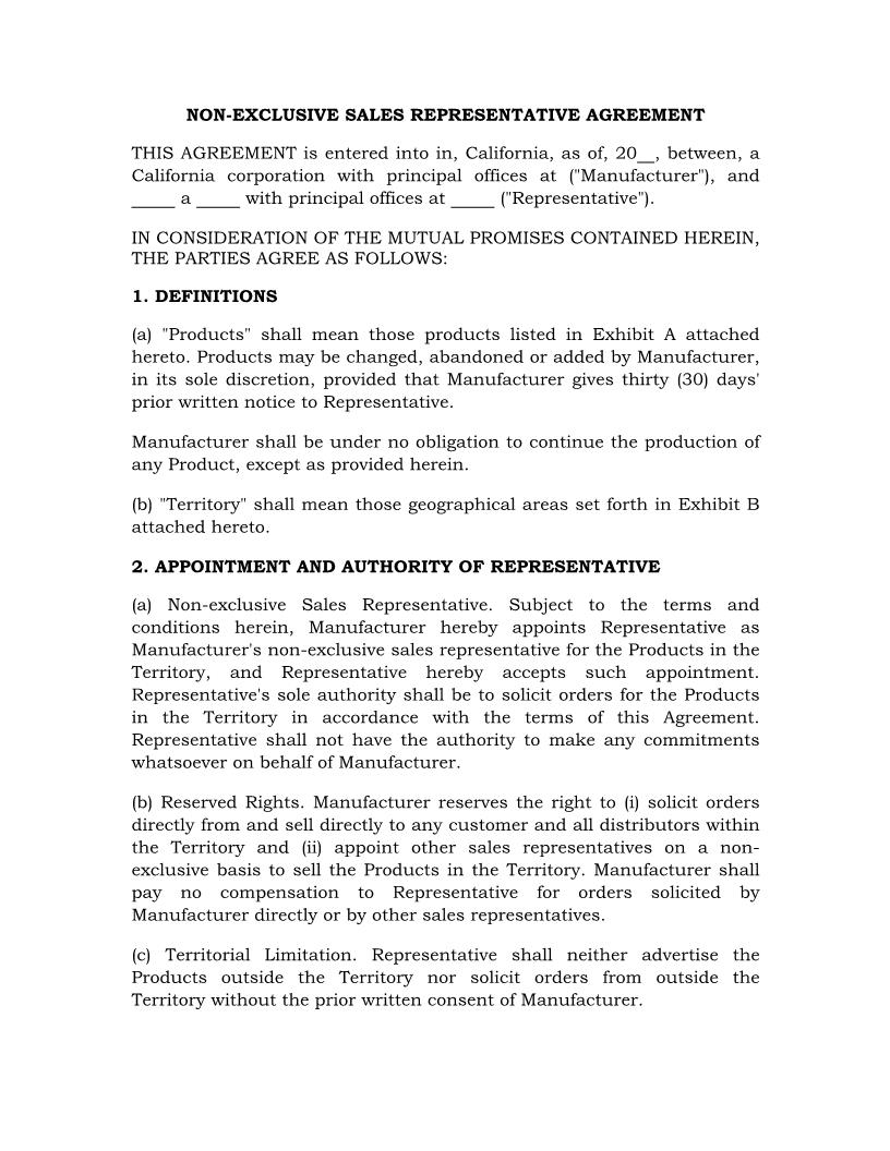 Non-Exclusive Sales Representative Agreement {HR-720} | Pdf Fpdf Docx | Legal Forms