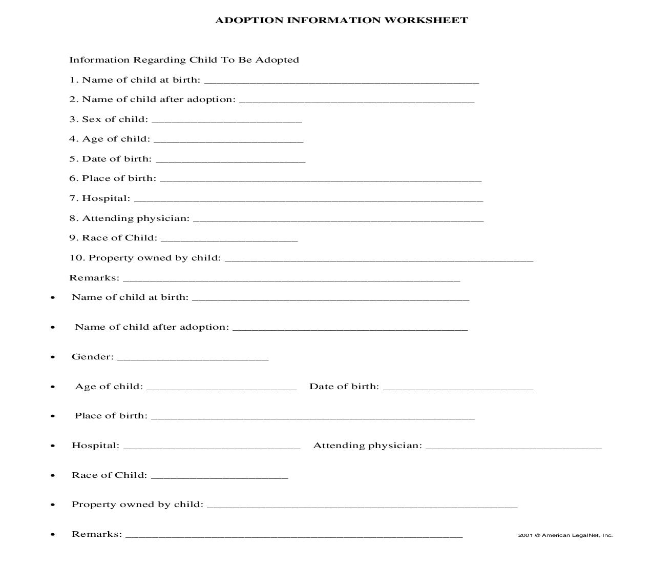 Adoption Information Worksheet | Pdf Fpdf Docx | Legal Forms
