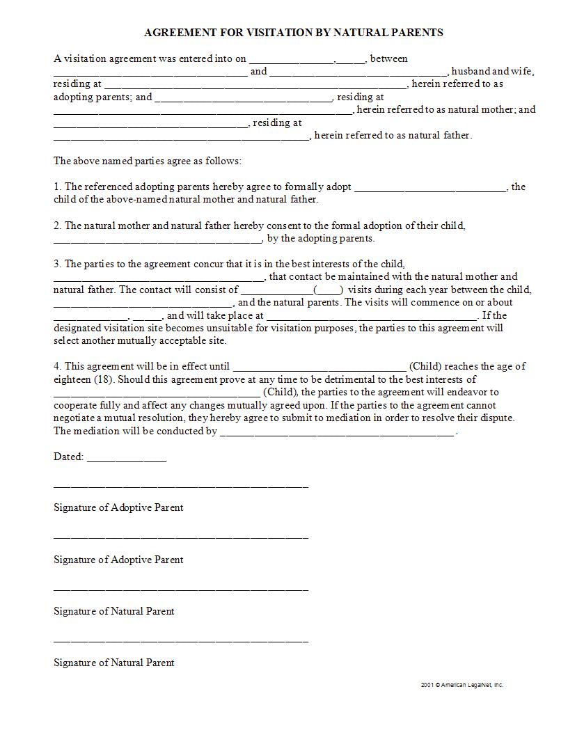 Agreement For Visitation By Natural Parents | Pdf Fpdf Docx | Legal Forms
