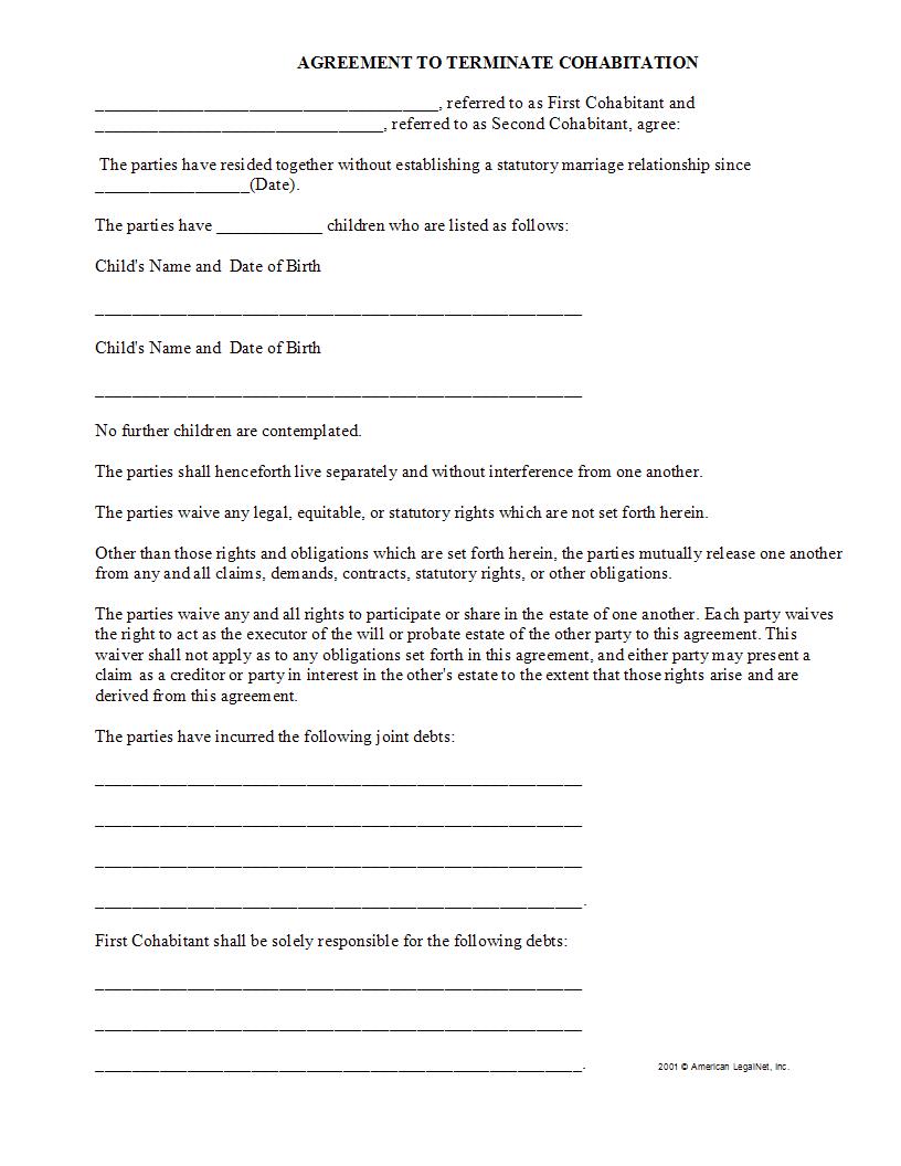 Agreement To Terminate Cohabitation | Pdf Fpdf Docx | Legal Forms