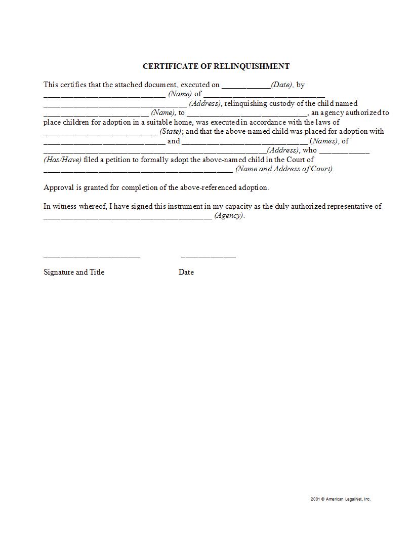 Certificate Of Relinquishment | Pdf Fpdf Docx | Legal Forms
