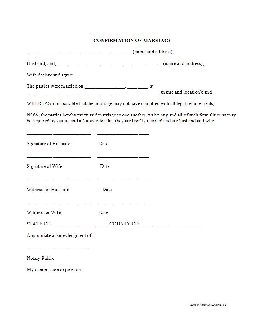 Confirmation Of Marriage | Pdf Fpdf Docx | Legal Forms