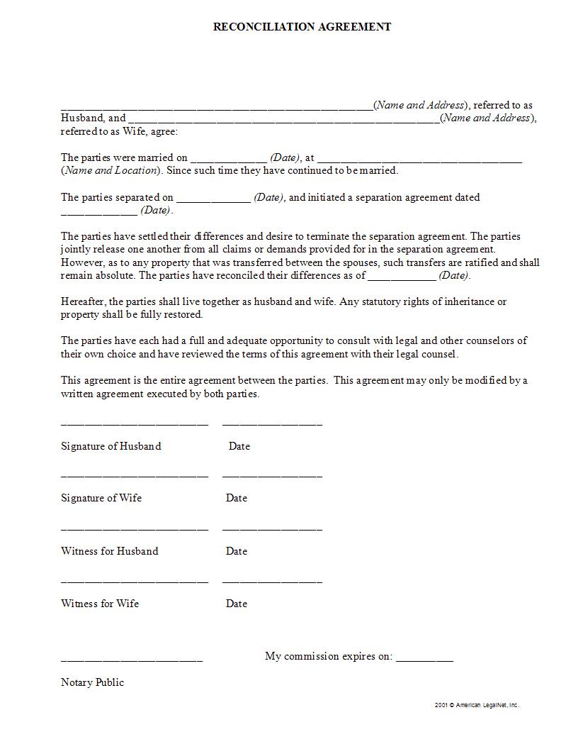 Reconciliation Agreement | Pdf Fpdf Docx | Legal Forms