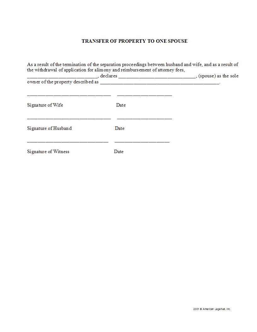 Transfer Of Property To One Spouse | Pdf Fpdf Docx | Legal Forms